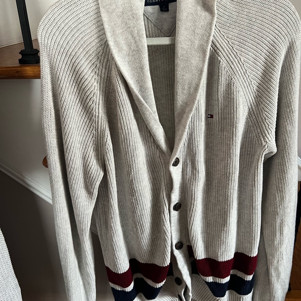 Tommy Hilfiger Cream Knit Cardigan with Red & Navy Stripe